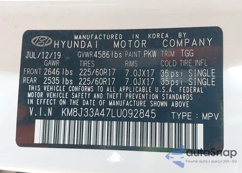 2020 Hyundai Tucson Value from USA, damaged, VIN KM8J33A47LU092845